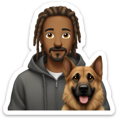 man with dreadlocks, mustache and goatee dressed in a hoodie alongside a brindle colored german shepherd dog sticker