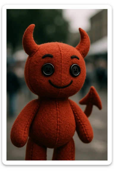 cute devil plush toy with soft texture, button eyes, adorable sticker