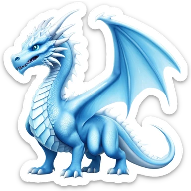 Cinematic Noble wise elegant Ice Dragon full body  Emoji, Poised and imposing, distinct long elegant snout, with a slender, scaled body shimmering in glacial hues of icy blue, frostbitten silver, and crystalline white, breathing out frost, with piercing, glowing ice blue white eyes that radiate the chilling depths of an arctic storm; rendered in detail. excuding wisdom sticker