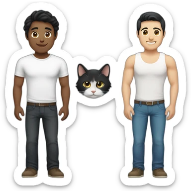 Gay couple, 1 guy Latino black straight black hair and 1 Australian white guy with blonde slightly curly hair holding a cat sticker
