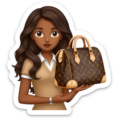  Brown girl with long dark brown medium wavy hair carrying a Louis Vuitton bag on her arm sticker