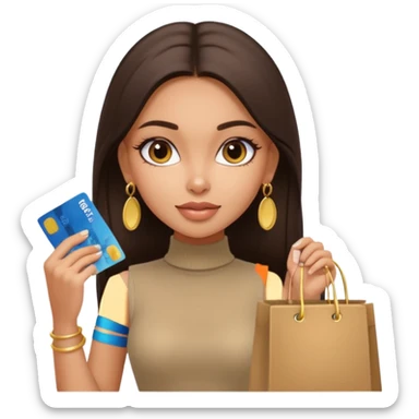 a pretty bratz fair indian girl wearing a beige sleeveless turtleneck, golden earrings, straight ling hair, holding bank cards, dark brown hair, carrying shopping bags sticker
