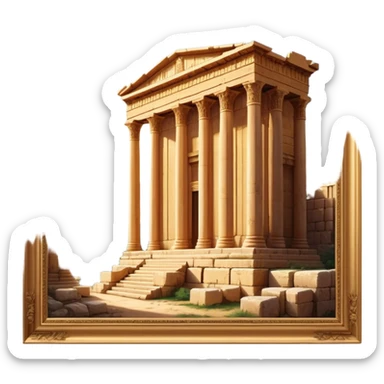Baalbek temple – Cinematic Realistic Baalbek Temple, depicted as an ancient Roman temple complex with towering columns and intricately carved stone details, bathed in golden sunlight and dramatic shadows that evoke timeless historical grandeur. sticker