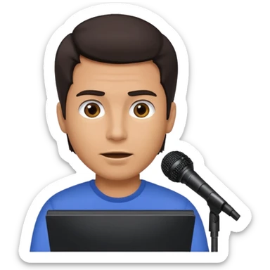 A man speaks into a microphone, and there is a prompter screen in front of him. sticker