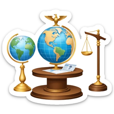 An icon featuring a podium with a speaker, a ballot box with a voting slip, and a globe, symbolizing political science. The design includes scales of justice and a world map in the background, representing governance and global politics. Transparent background highlights political analysis. sticker