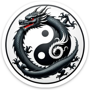 An icon symbolizing Eastern martial arts in the style of an emblem, featuring a black-and-white Yin-Yang symbol and a dragon at the center, surrounded by elements like a dojo. Transparent background highlights balance and power. sticker