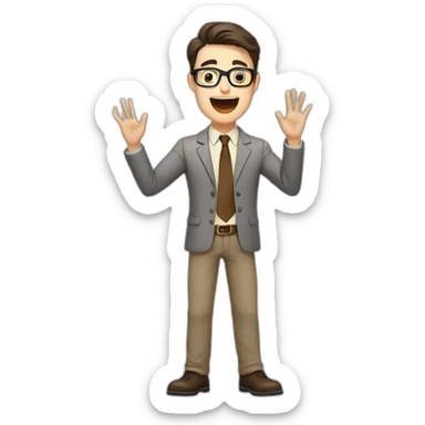 To belt Actively gesturing with hands Pale skinned fit man teacher with dark brown hair in gray jacket, beige office shirt, brown tie, brown pants and vintage glasses. sticker