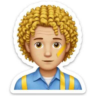 Make me an emoji that has a guy with a white shirt and yellow tape around the shirt with brown and blue spots hair make the hair curly make the yellow tape go around it sticker