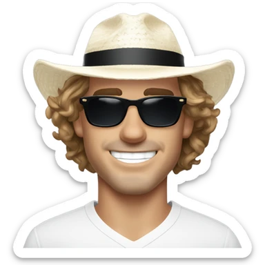 Antoine Griezmann close face smiling wearing a white elegant shirt, a staw panama hat and black sunglasses.  sticker