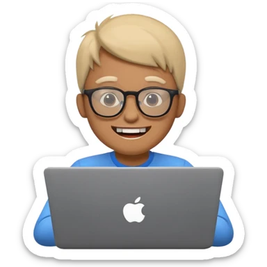 programmer with protruding teeth and glasses, working on a laptop sticker