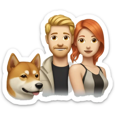 A blonde man, a redhead woman and a Shiba Inu  sticker