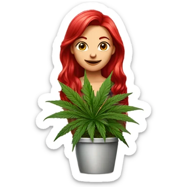 female Ruby red hair, beside marijuana plant in pot sticker