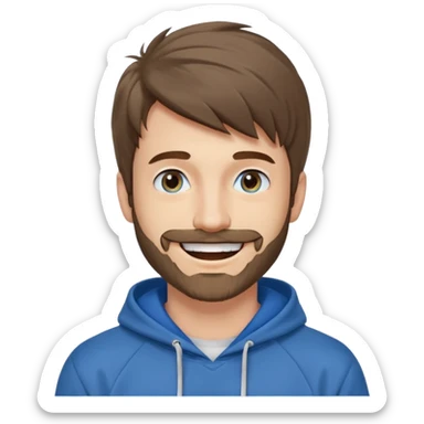 25 year old man, short scruffy beard and thin moustache, brown puffy mullet, blue eyes, big smile, white teeth, big lips, pronounced jaw, hair longer in back, sticking up on top, thin face, grey hooded sweatshirt, pale skin, big smile sticker