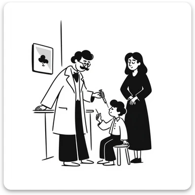 A Victorian doctor giving a young poor boy a vaccination with the boy's mother in the background looking worried sticker