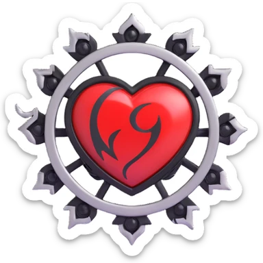 Create a 3D realistic style black Naruto fire symbol brooch with a black heart, silver details, and a red stone. The image should have a transparent background and a realistic 3D appearance. sticker