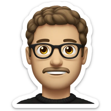 Guy, brown hair, moustache with soul patch and short beard, blue eyes, round glasses, wearing a black jumper sticker