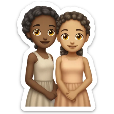 two light skin biracial girls leaning their heads against each others while looking at camera soft smiling sticker