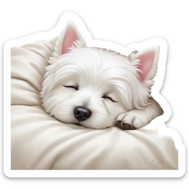 Meme-Worthy Cute Sleeping West Highland White Terrier Portrait Emoji, Head resting peacefully with a contented smile, showcasing a delightfully compact build and a luxuriously soft white coat, eyes shut in a serene nap, Simplified yet hilariously adorable features, highly detailed, glowing with a soft, drowsy light, high shine, relaxed and utterly lovable, stylized with an air of playful laziness, bright and heartwarming, soft glowing outline, capturing the essence of a comically sleepy companion, so meme-worthy it feels like it could instantly become the next viral sensation of adorable slumber! sticker