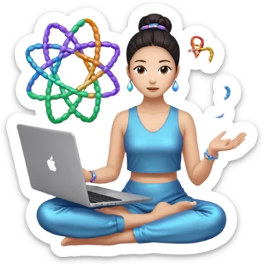 emoji of an asian woman with a single bun sitting cross legged with dna levitating above one hand and a laptop above the other hand sticker