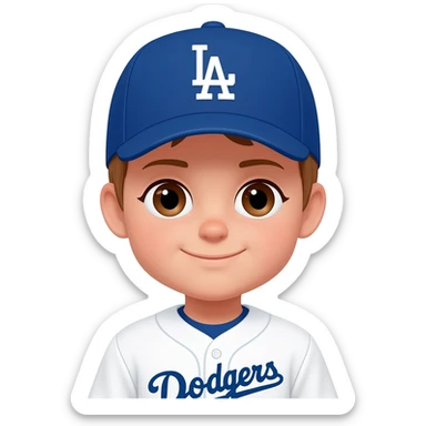 toddler boy in a white dodgers uniform with baseball cap with light brown hair and brown eyes sticker