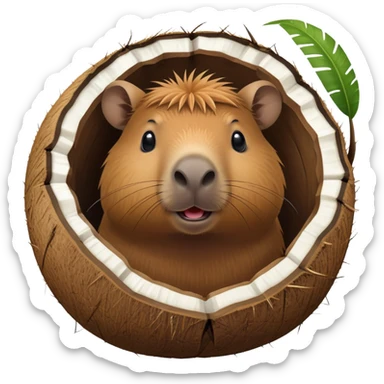A cute capybara peeking out from inside a cracked open coconut shell sticker