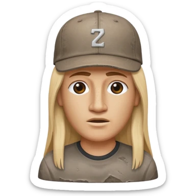 Easter island head rock with long blonde hair and a backwards baseball cap sticker