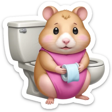 Cute chubby cartoon-style hamster sitting on toilet pooping looking as if he had an accident sticker