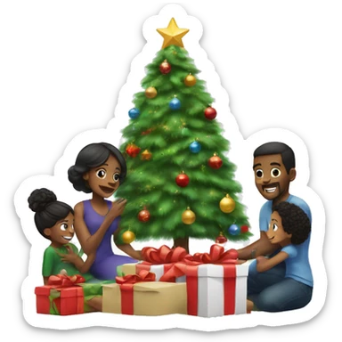 Black family opening presents under a Christmas tree sticker