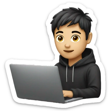 A Asian boy is developer dressed as developer wearing dark hoodies working on a laptop. Background transparent sticker