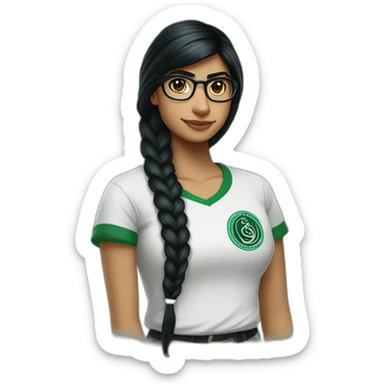 Mia Khalifa black braid white tshirt green sleeves slytherin emblem sticker