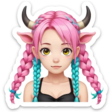 En anime-jente med to rosa lange tykke fletter og cyan striper i håret, ku-horn og ku-ører, sort BH-topp over en gul cropped-fleece-blouse sticker