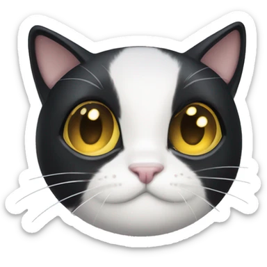 a cute tuxedo cat face with black ears and white face, big round yellow eyes, clipped ear, very cute sticker