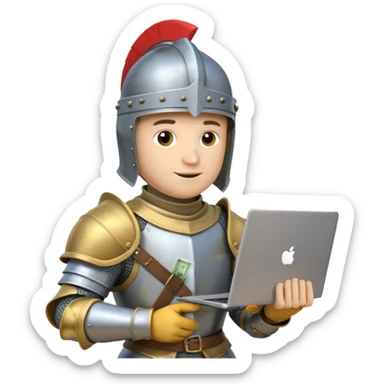 Knight with helmet holding laptop and money sticker