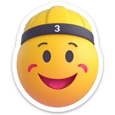 3D smiley emoji, round shape, runner: wearing headband, race number, funny face sticker