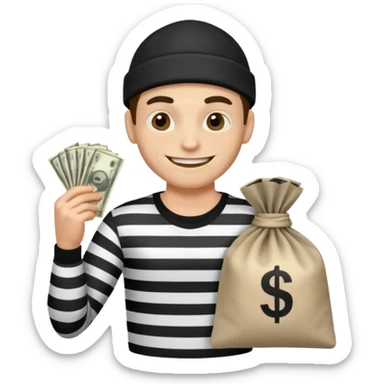 A robber with a black and white shirt with a bag of money  sticker