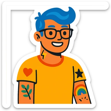 character with blue hair, glasses, and tattoos sticker