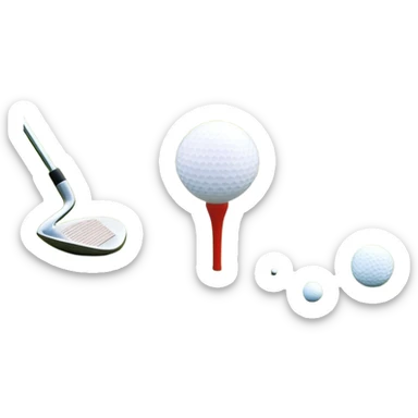 A golf ball on a tee with a golf club placed beside it, set against the backdrop of a well-manicured green golf course. The scene emphasizes the equipment and serene atmosphere of the sport, with soft lighting and a peaceful, open landscape sticker