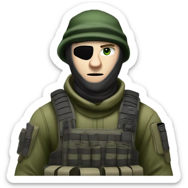 white male, pale skin, call of duty dark mask, green camo tactical gear, combat boots, black beanie, hazel eyes sticker