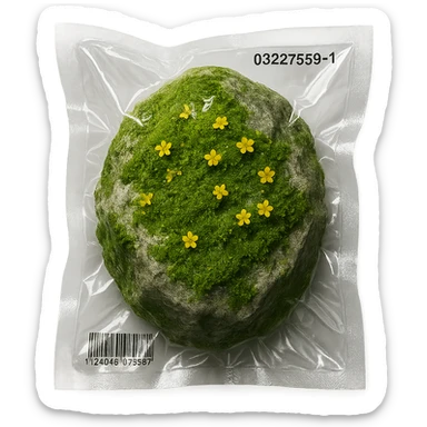 light gray rock, covered in green moss with clusters of small bright flowers, glossy sticker