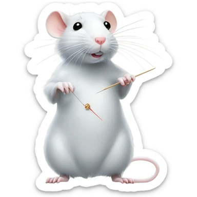 Cinderella's white rat standing and grab a sewing thread and needle sticker