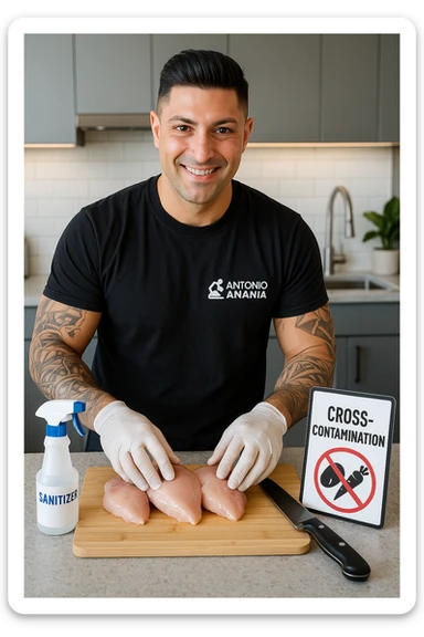 a man person in a modern kitchen handles raw chicken breasts on a cutting board, wearing disposable gloves. Nearby, a bottle of disinfectant spray, a separate knife for vegetables, and a warning sign about cross-contamination are clearly visible. The mood is educational, emphasizing safe food handling. in italiano sticker