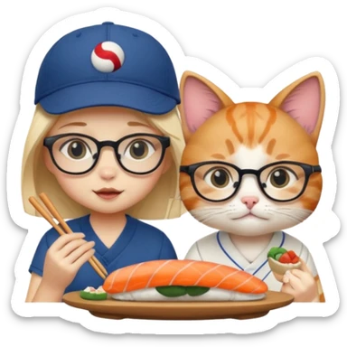 cute girl cat wearing glasses and a cute boy cat wearing a baseball cap eating sushi together sticker