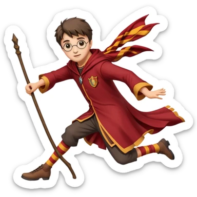 Cartoon-style illustration of Harry Potter flying on a broomstick, Gryffindor red and gold outfit, expressive face, dynamic motion, magical vibe, smooth shading, vibrant colors, no background, transparent background, isolated character. sticker