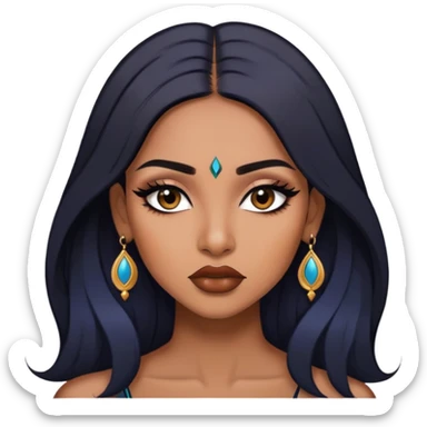 indian girl, brown skin, long black hair, brown underneath colored hair, baddie,pretty, makeup, lipliner, black eyeliner, sticker