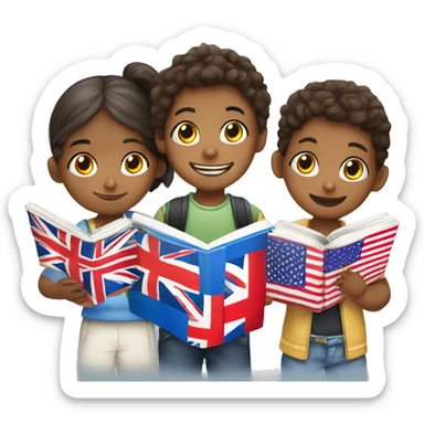 A vivid picture of children learning English, for example, playing games in English, reading books, drawing flags of different countries. sticker