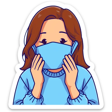 brunette girl with brown hair wearing pastel blue clothes covering her face with her hand sticker