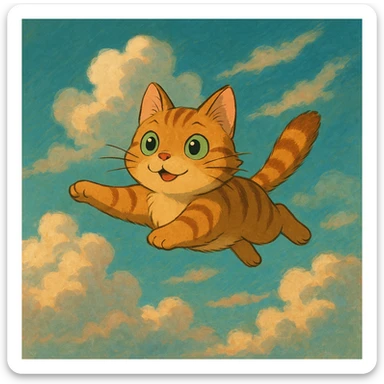 flying cat with expressive eyes in a dreamy sky background in ghibli style sticker