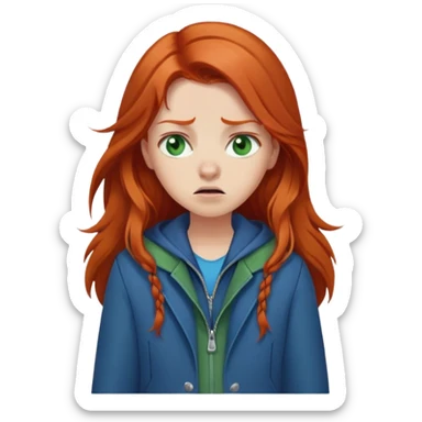 Redhead girl with long hair, green eyes, blue jacket, upset expression sticker