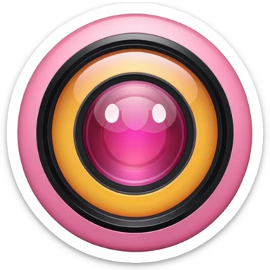 A round camera lens, apple emoji style, minimalist, with highlights, pink, no faces, no smileys, only lens sticker