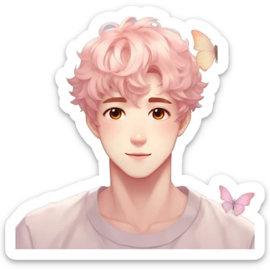 Gorgeous pastel anime style shojo man with blushing face and butterflies aesthetic and pretty hair trending style sticker